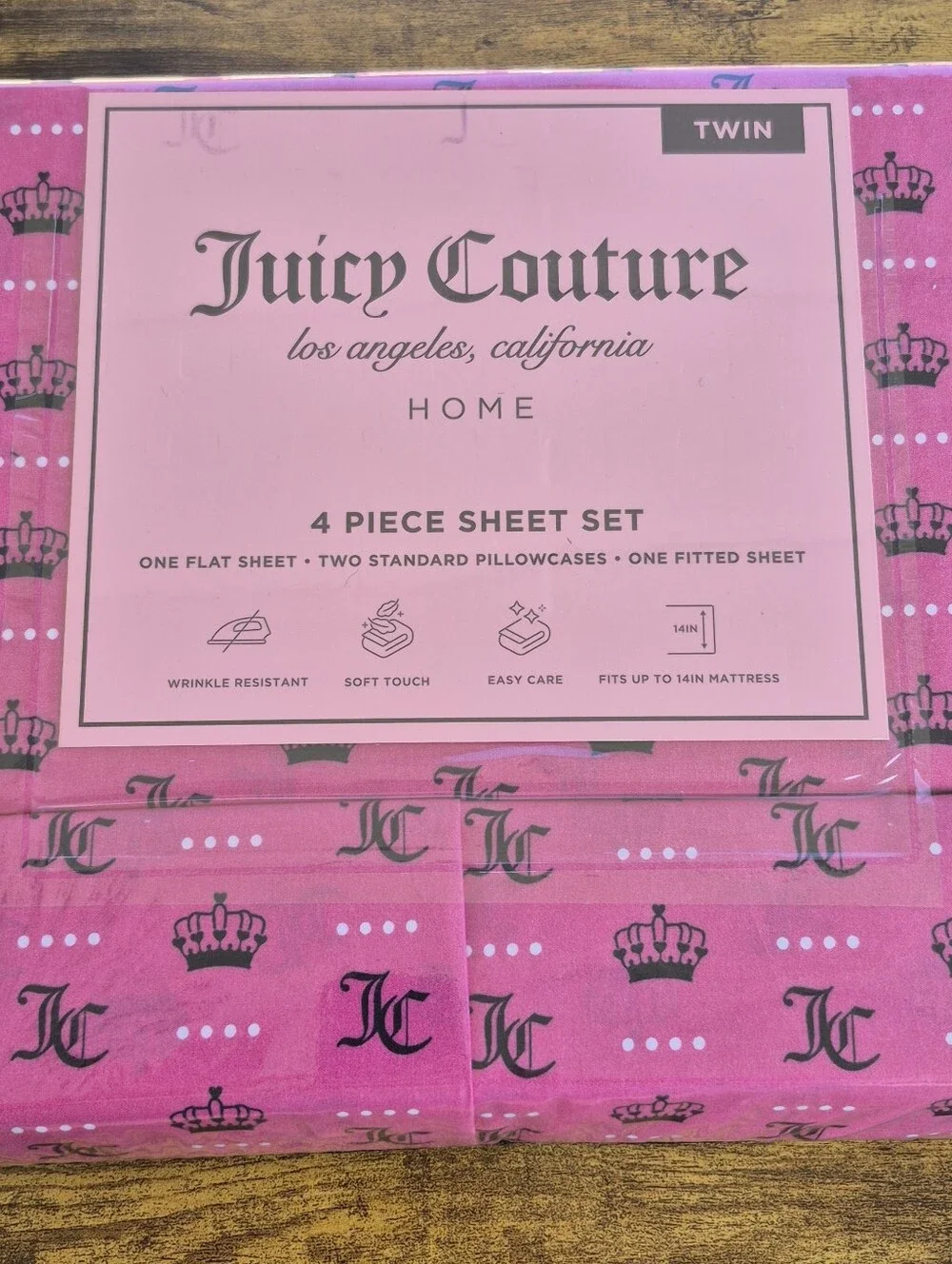 NWT Juicy Couture Twin Sheet Set Pink Gothic JC Logo Crown Tiara 4 PC